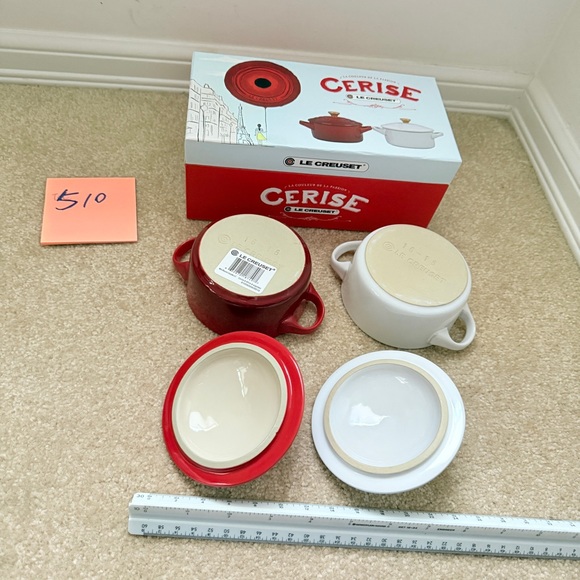 New Le Creuset Red and White Mini Cocotte Set
